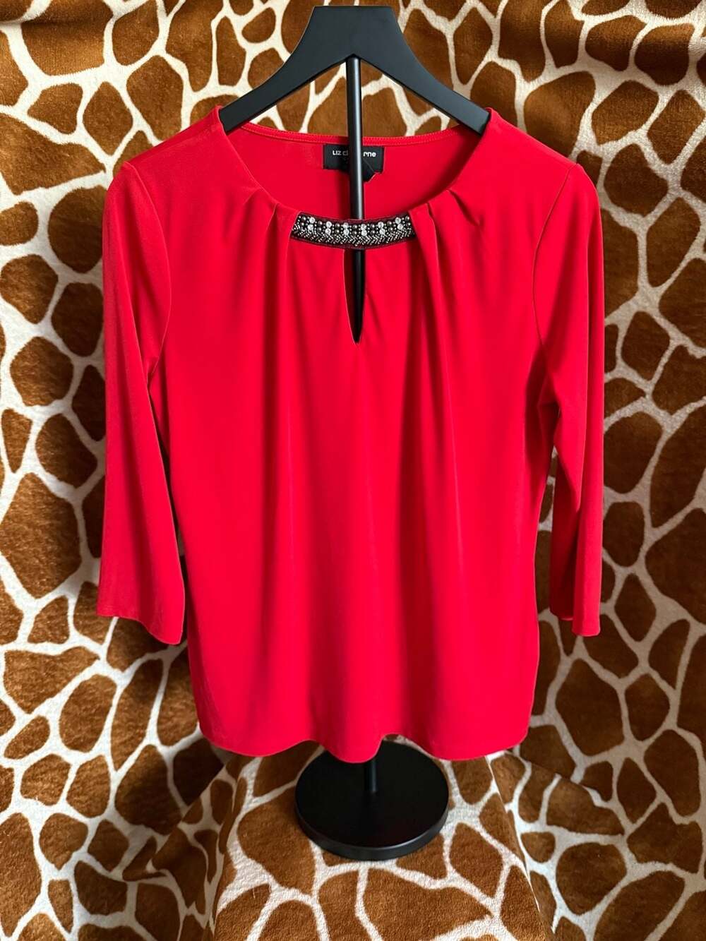 Liz Claiborne Career Petite Red 3/4 Sleeve Embellished Neckline Blouse - Picture 1 of 4